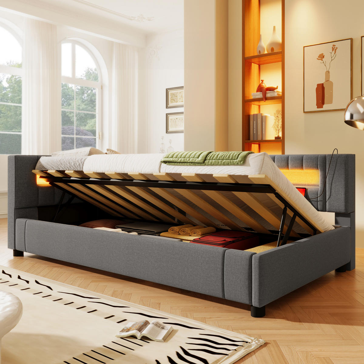 POLSTERBETT 90/200 cm Grau aus Leinen mit Stauraum, LED und USB-Anschlüssen - Grau, Textil (90/200cm) - Flora Grace