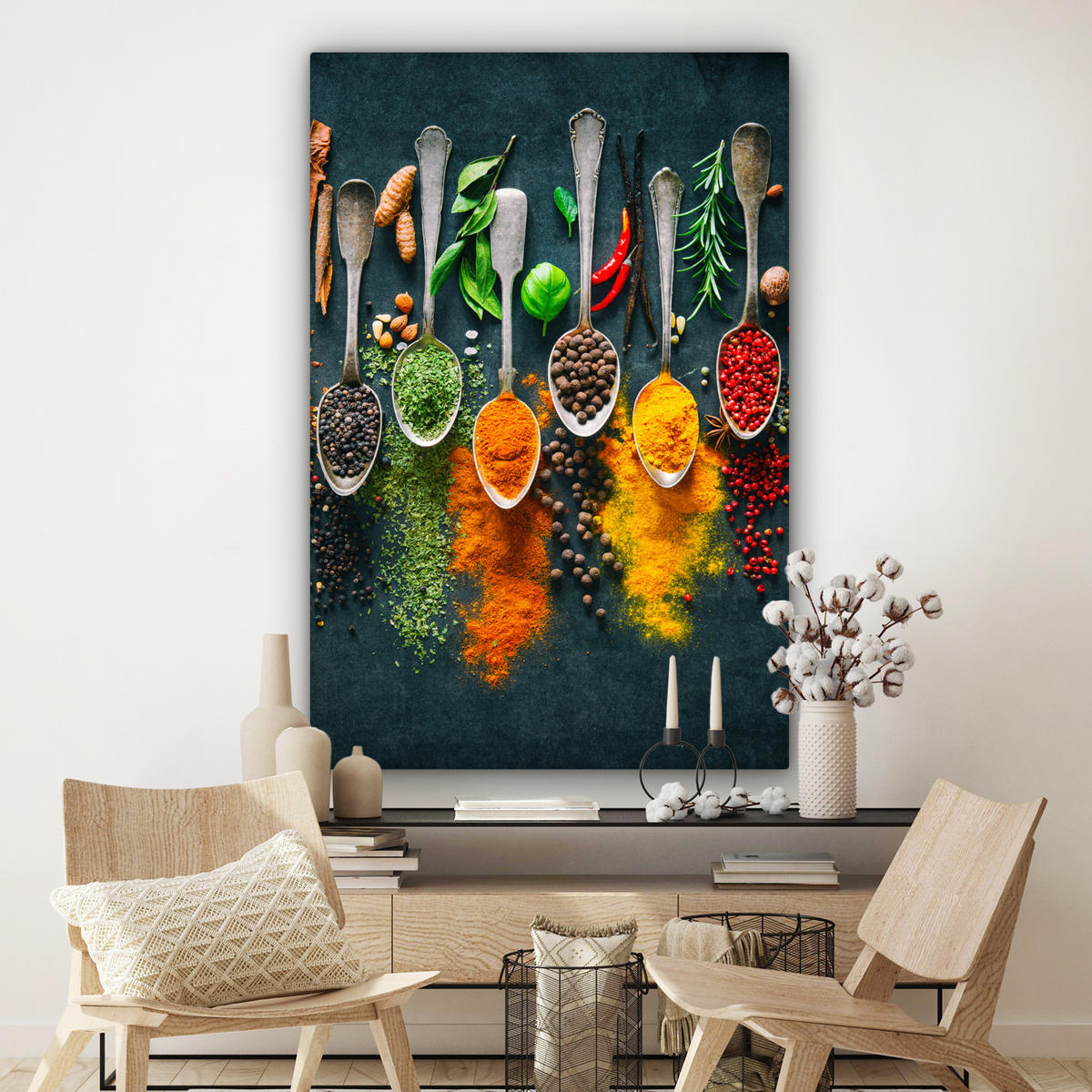 SLIKA NA PLATNU Zelišča 90x140 cm - barve karija, tekstil (90/140cm) - MuchoWow