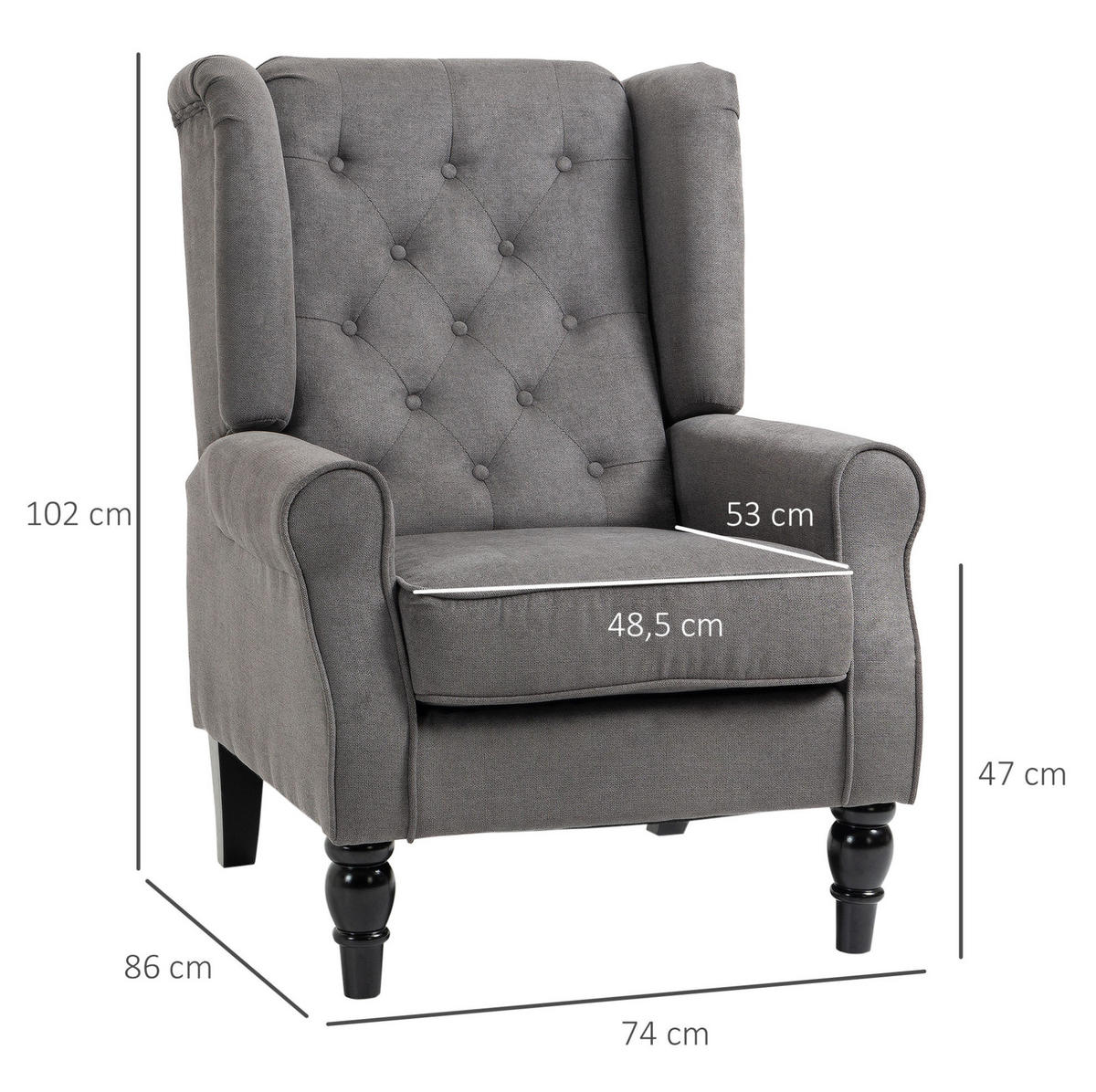 OHRENSESSEL Polyester mit Knopfheftung, Holzfüßen 74/86/102 cm Dunkelgrau - Dunkelgrau, Textil (86/102/74cm) - Redom