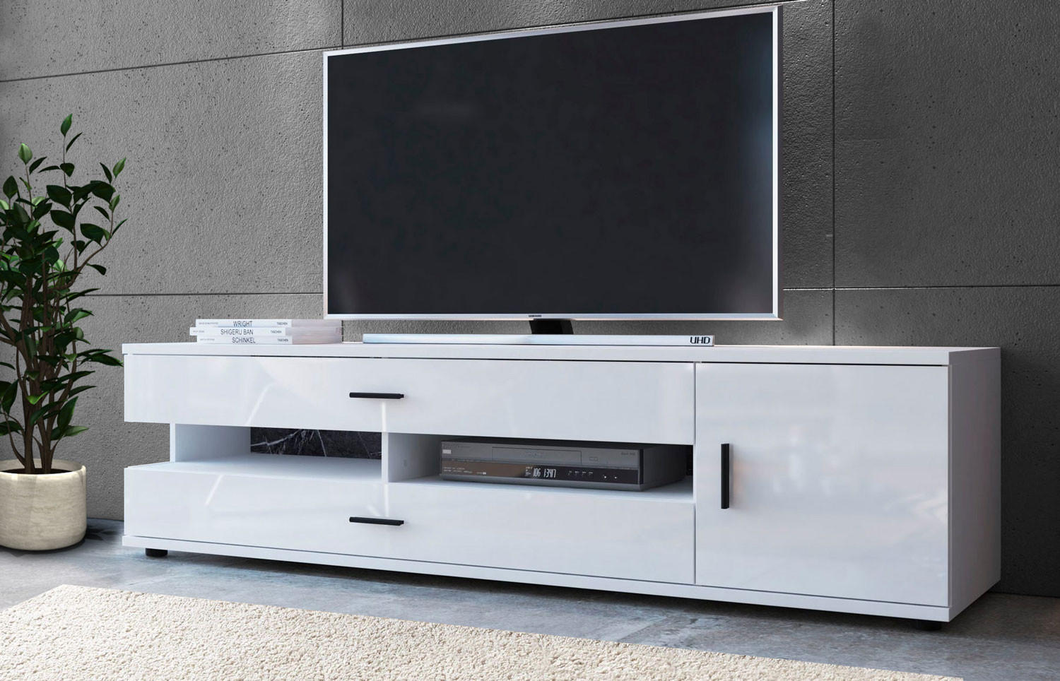 LOWBOARD Henley weiß Hochglanz 180 / 49,5 / 47,5cm - Weiß Hochglanz/Schwarz, Holzwerkstoff/Kunststoff (180/47.5/49.5cm) - Feldmann-Wohnen