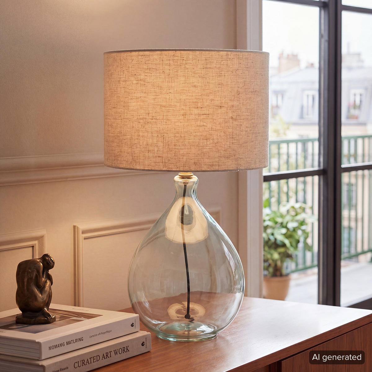 TISCHLEUCHTE - 1-flammig - Hellbraun, Glas/Textil (30/30/54cm) - home24