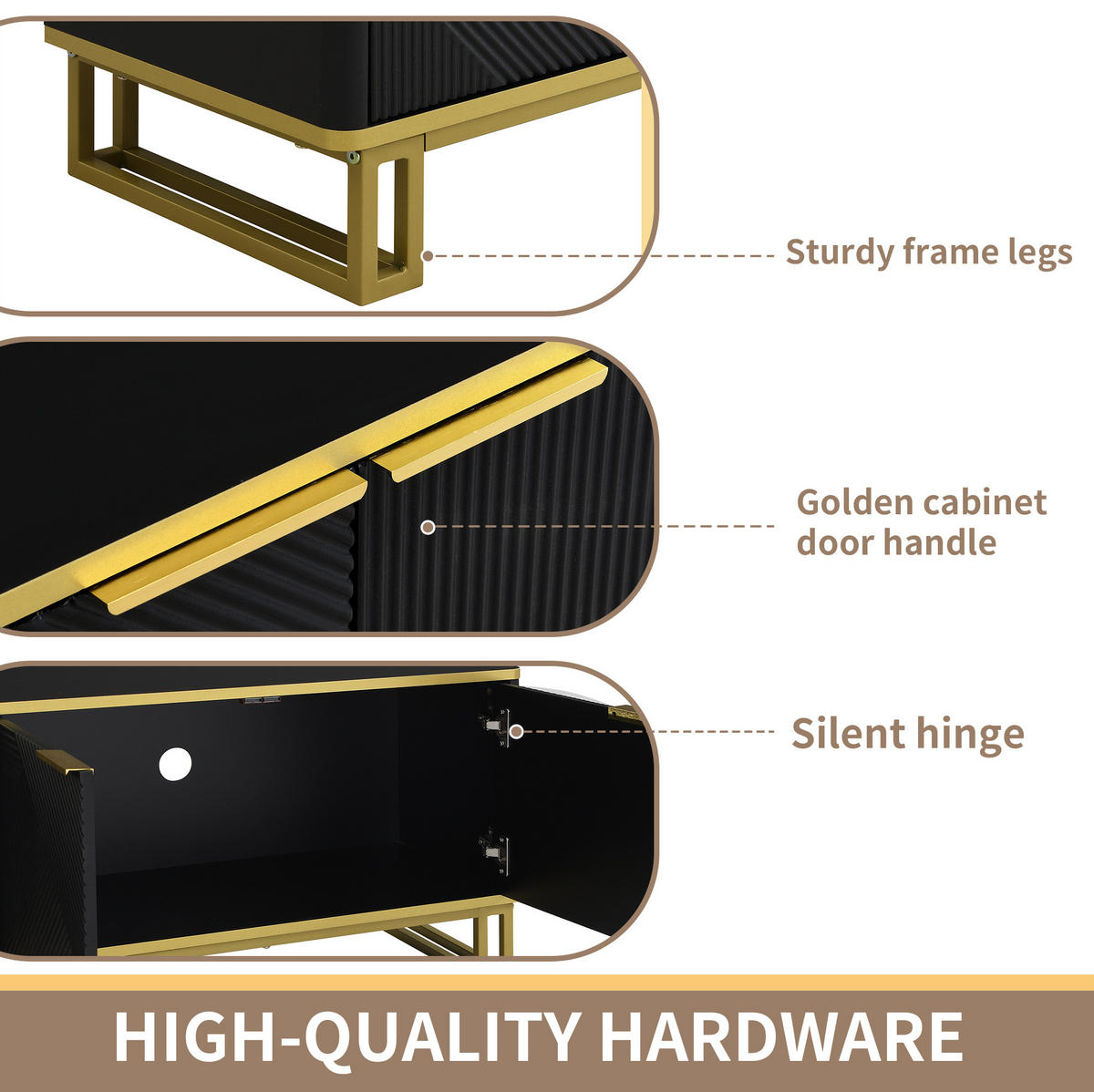 TV-LOWBOARD Schwarz-Gold 160/37.5/48 cm - Schwarz, Holzwerkstoff (160/48/37.5cm) - PANGIVO