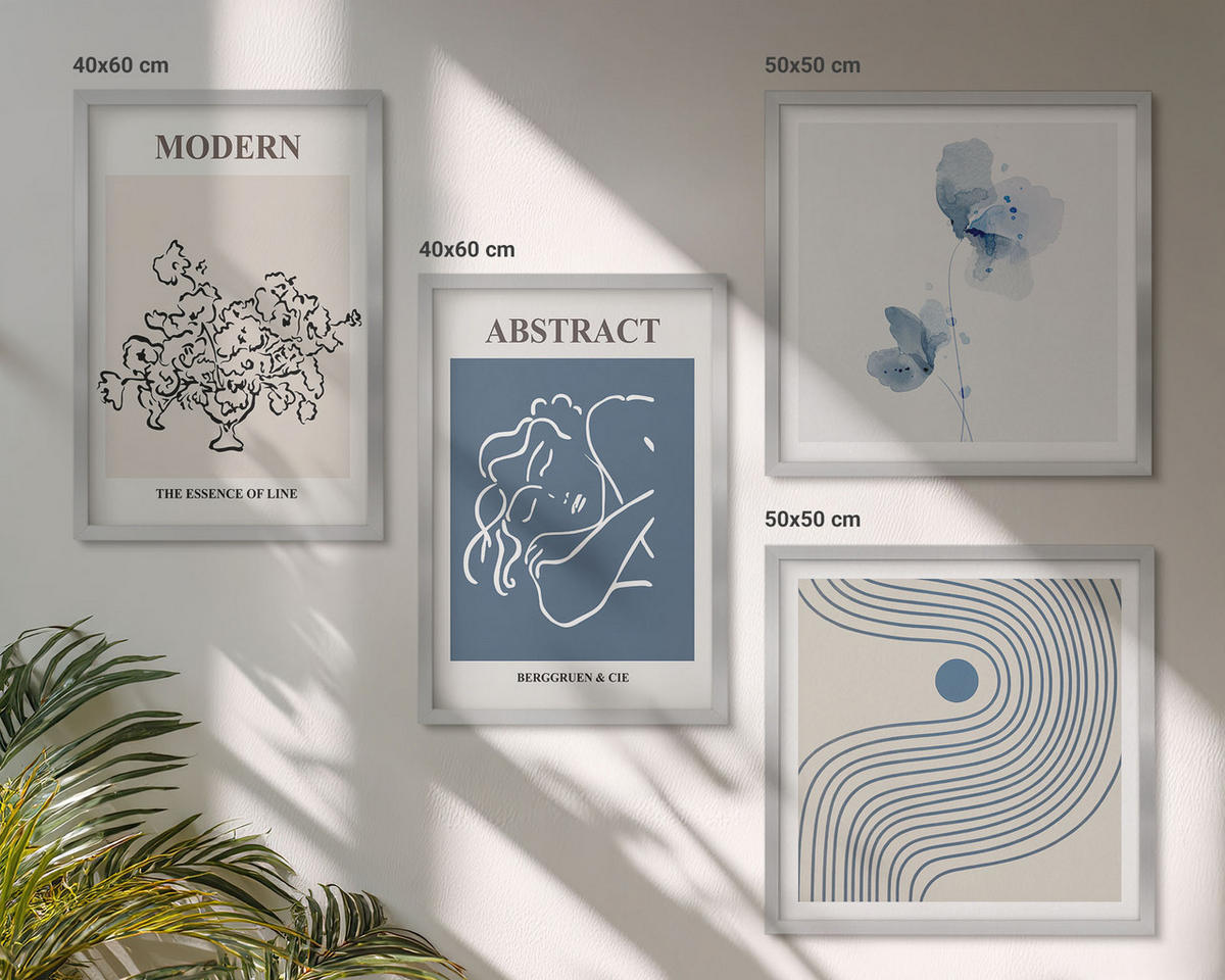 BILDER SET 4er Set - 50x50 cm & 40x60 cm Silberner Rahmen - abstrakte Poster mit Blumenlinien - Silberfarben, Kunststoff (50/50cm) - TULUP