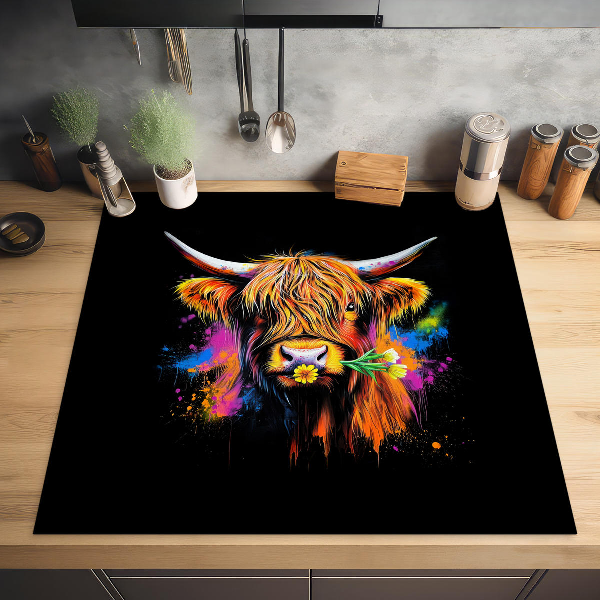 HERDABDECKPLATTE Schottischer Highlander - Graffiti - Bunt - Blume - Tiere Induktionsmatte 78x78 cm - Multicolor, Kunststoff (78/78/0.2cm) - MuchoWow