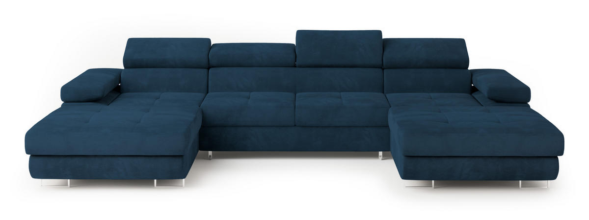 WOHNLANDSCHAFT LYKKE Blau Velours-Stoff mit Schlaffunktion - Blau, Holz (353/90/202cm) - MASSENO