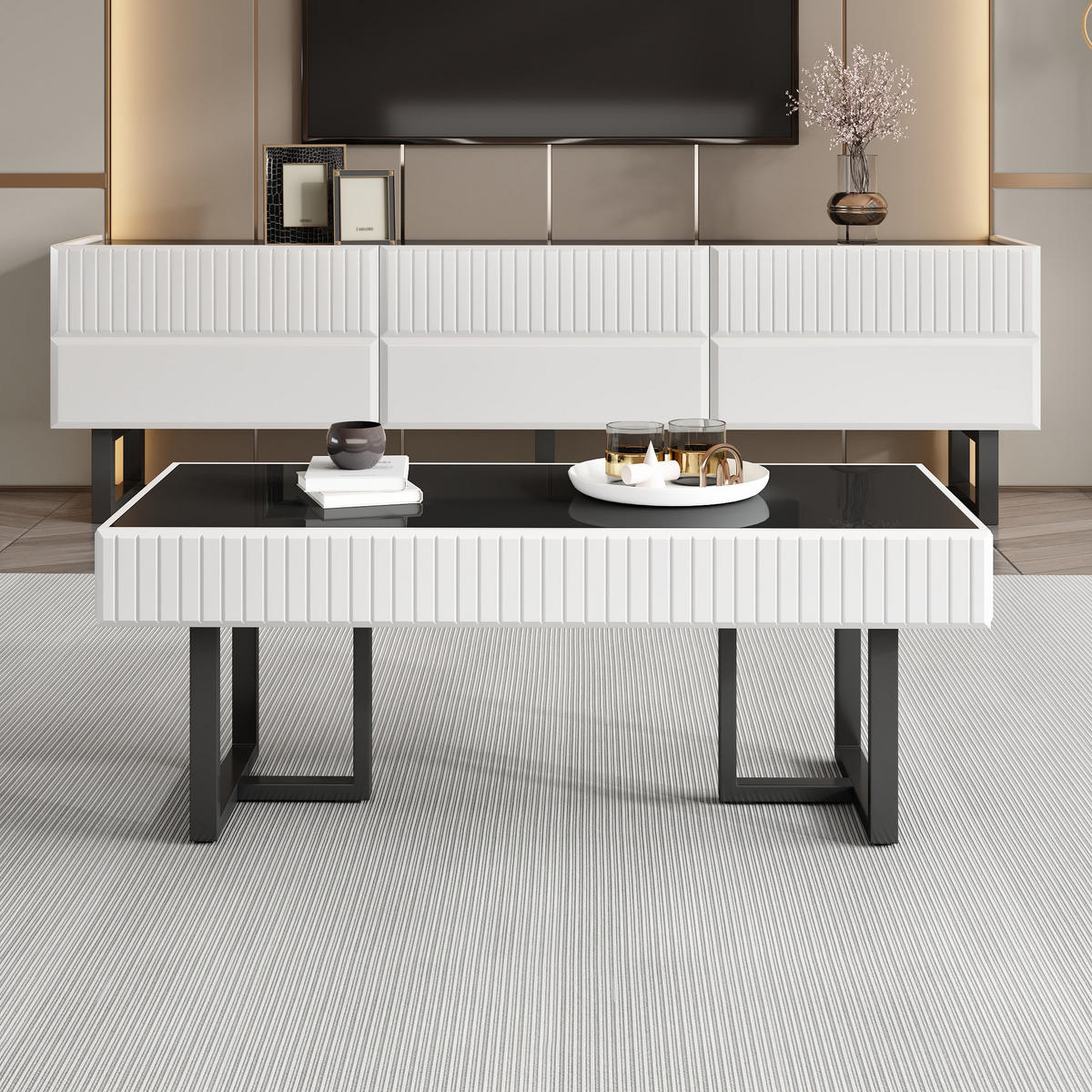 WOHNZIMMER-SET Couchtisch TV-Möbel Schwarz-Weiß modern - Multicolor, Holzwerkstoff (170/47/35cm) - FLIEKS