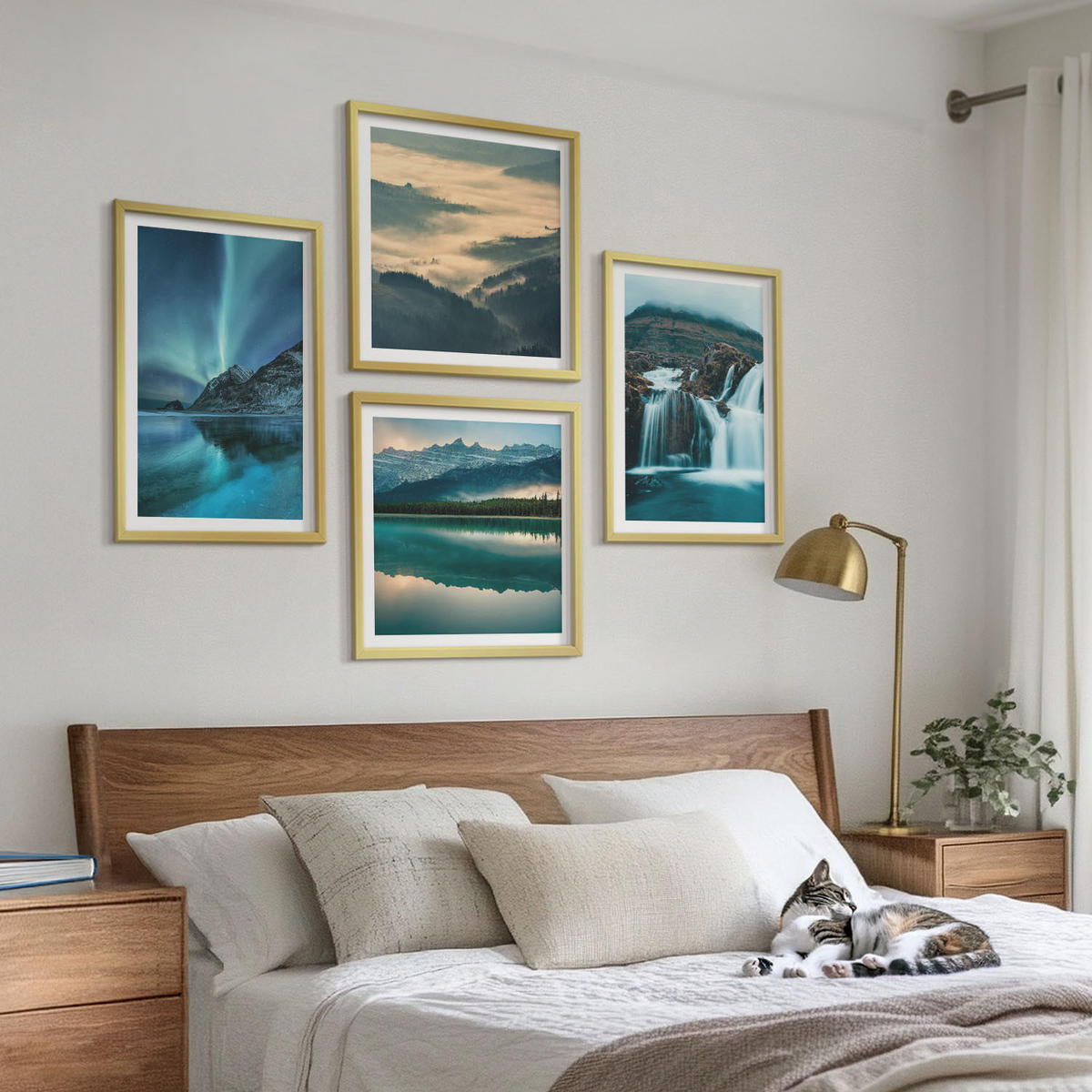 BILDER SET 4er Set - 50x50 cm & 40x60 cm Goldrahmen - Winterlandschaften, Wasserfälle, Nordlichter - Goldfarben, Kunststoff (50/50cm) - TULUP