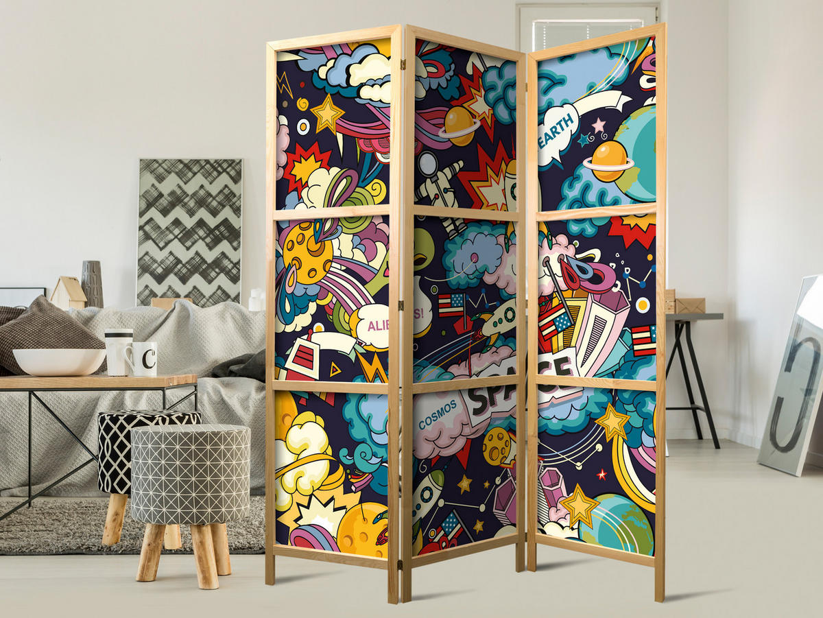 PARAVENT Japanischer 3-tlg 135x172 cm Bunter Comic-Stil - Multicolor, Holz/Textil (135/172/3cm) - Muralo