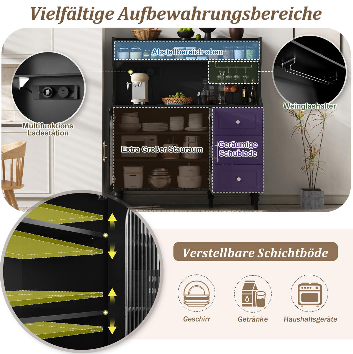 BUFFETSCHRANK 120/40/138,5 cm mit Steckdose, USB- und Typ-C-Anschluss, Gläserhalter und 3 Schubladen aus MDF, Schwarz - Schwarz, Holzwerkstoff (120/138.5/40cm) - Redom