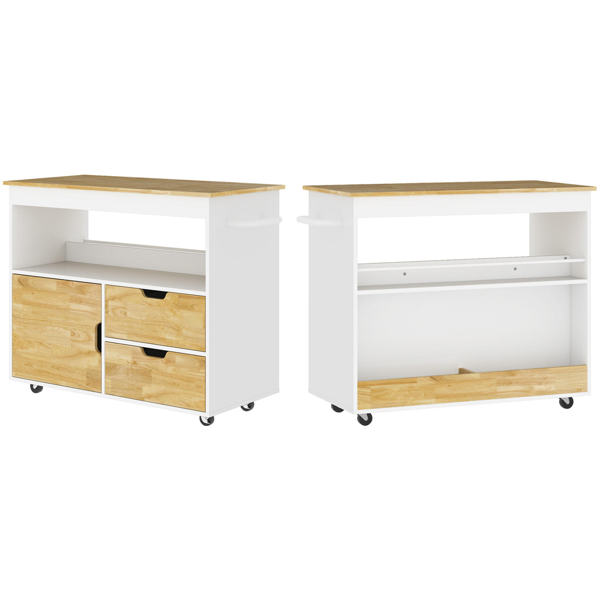 KÜCHENINSEL 107/50/85 cm mit Kautschukholz-Arbeitsplatte, Schubladen, Schrank und Rollen, Eiche - Eichefarben, Holz (107/85/50cm) - Redom