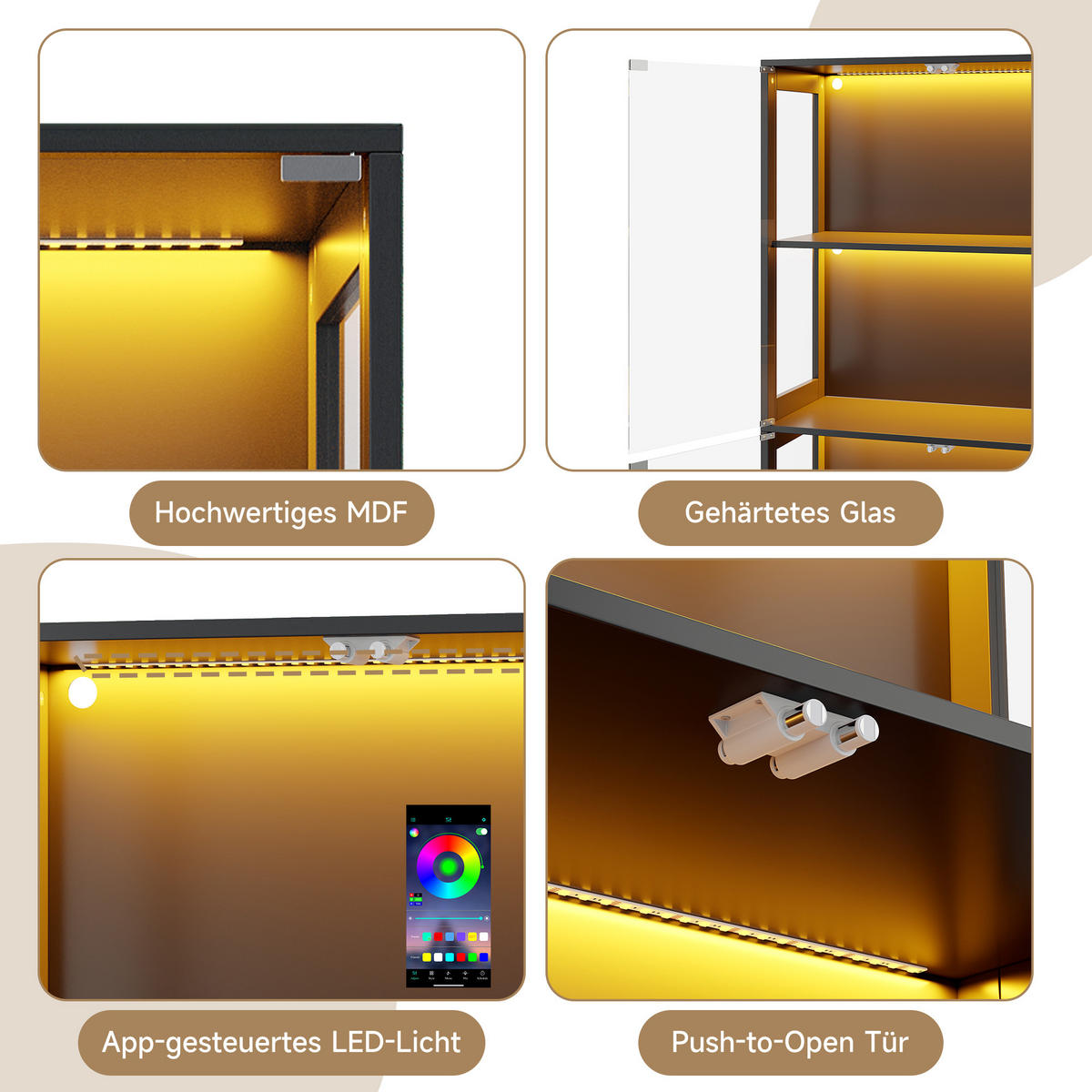 VITRINE mit LED-Beleuchtung, 4 Ebenen, Glasfront, Push-to-Open Türen 80/35/170 cm - Transparent/Schwarz, Glas/Holzwerkstoff (80/170/35cm) - EVRYAE