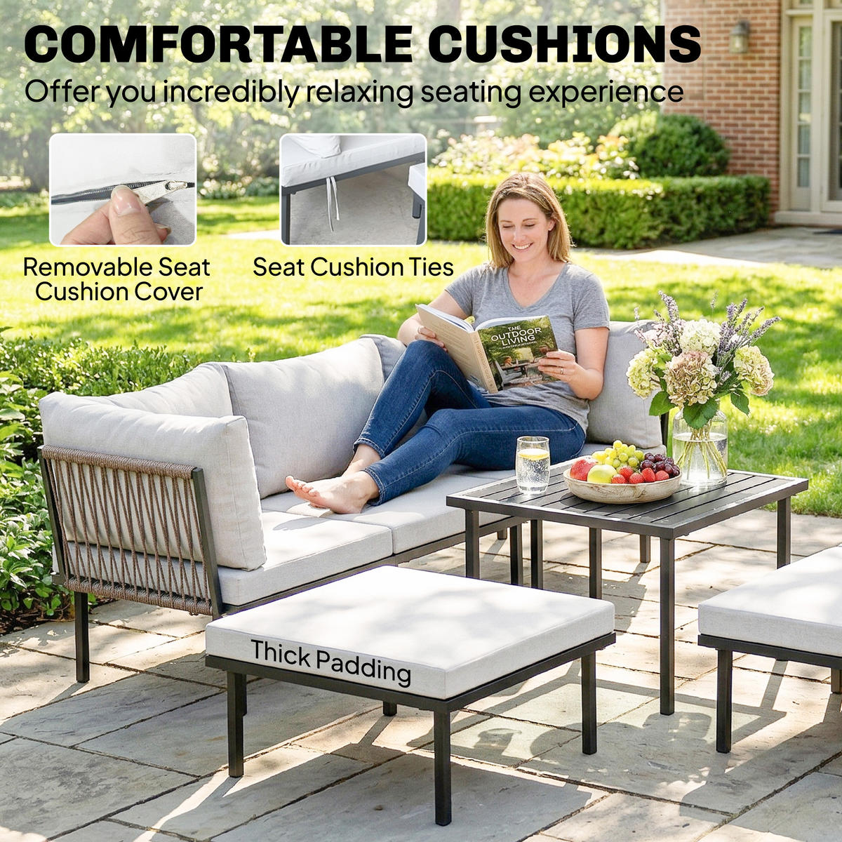 LOUNGE GARTENMÖBEL SET DE-06609, 2 Stühle, Eckstuhl, Lamell-Tisch, Fußhocker - Hellgrau, Textil/Metall - ComfortXL