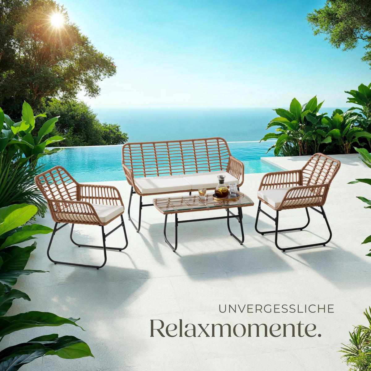 RATTAN-SITZGRUPPE Molfetta Xl,höhenverstellbare Kunststofffüße,natur - Naturfarben, Kunststoff - tectake
