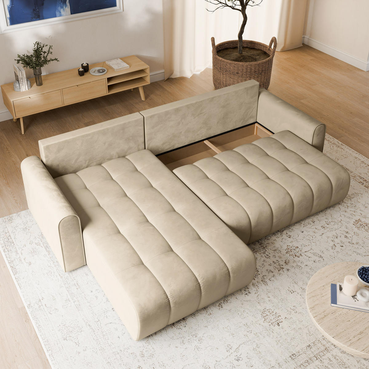 ECKSOFA FRIGA Creme Velours-Stoff mit Schlaffunktion - Creme, Holz (283/185cm) - MASSENO