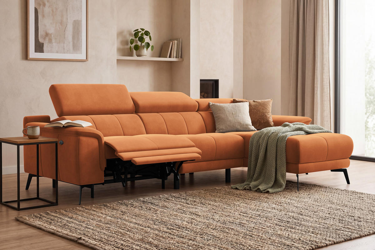 ECKSOFA FIERO 4-Sitzer RECHTS, Oranger Veloursstoff - Schwarz/Orange, Holz/Textil (288/170cm) - Courtois Laville