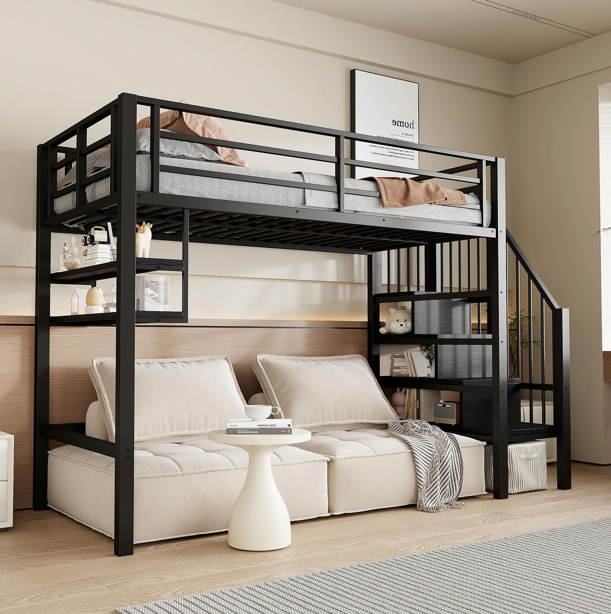 VYSOKÁ postel 90/200 cm černá s úložným žebříkem a policemi z kovu a MDF - černá, kov (90/200cm) - OKWISH