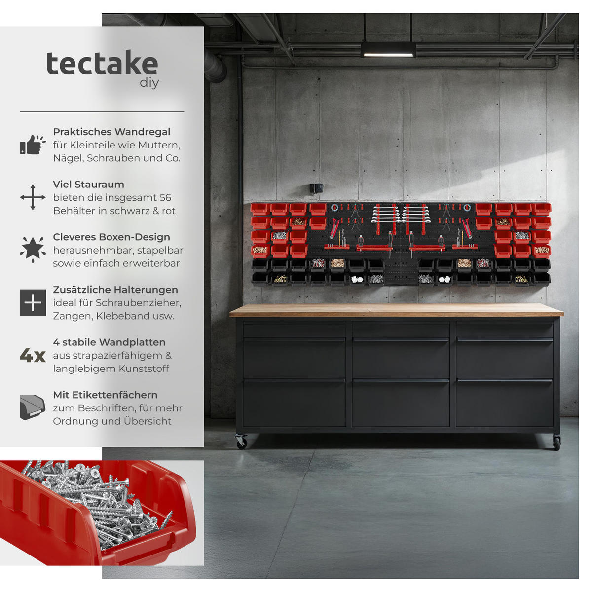 KLEINTEILEMAGAZIN ,inklusive Halterungen für Werkzeug und Zubehör,schwarz - Schwarz, Textil (96/54/17cm) - tectake