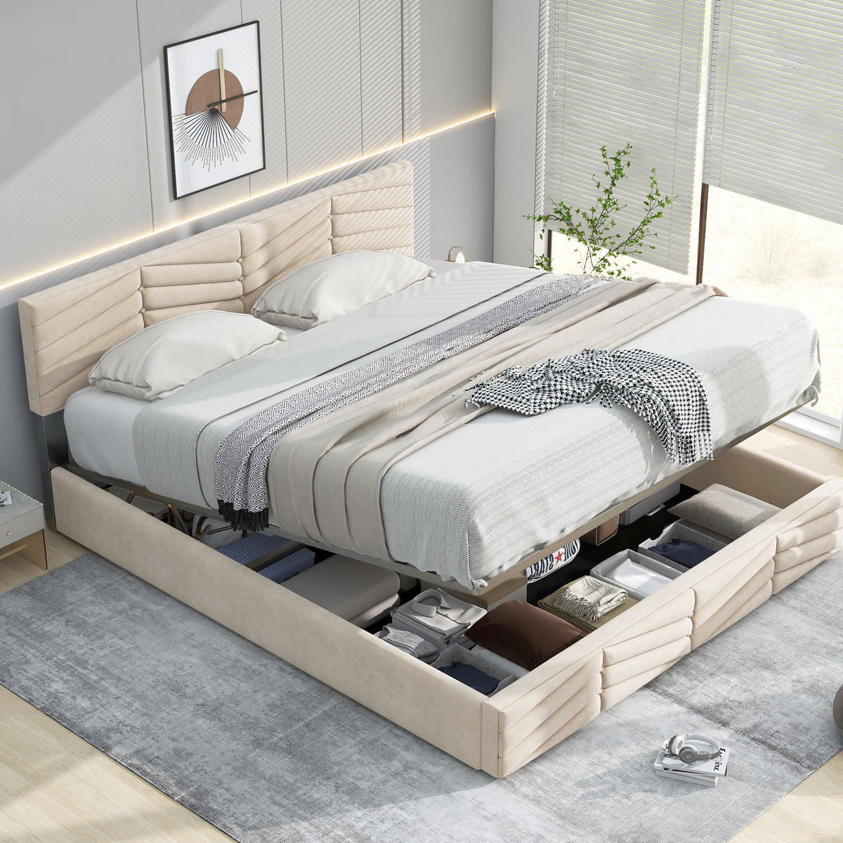 POLSTERBETT mit verstellbarem Kopfteil 140x200 cm Samt Beige - Beige, Metall (140/200cm) - Meubliv