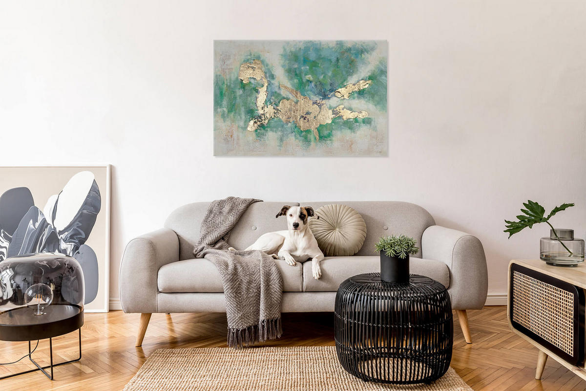 ÖLGEMÄLDE 120/80 cm - Türkis/Goldfarben, Holz/Textil (120/80cm) - KUNSTLOFT