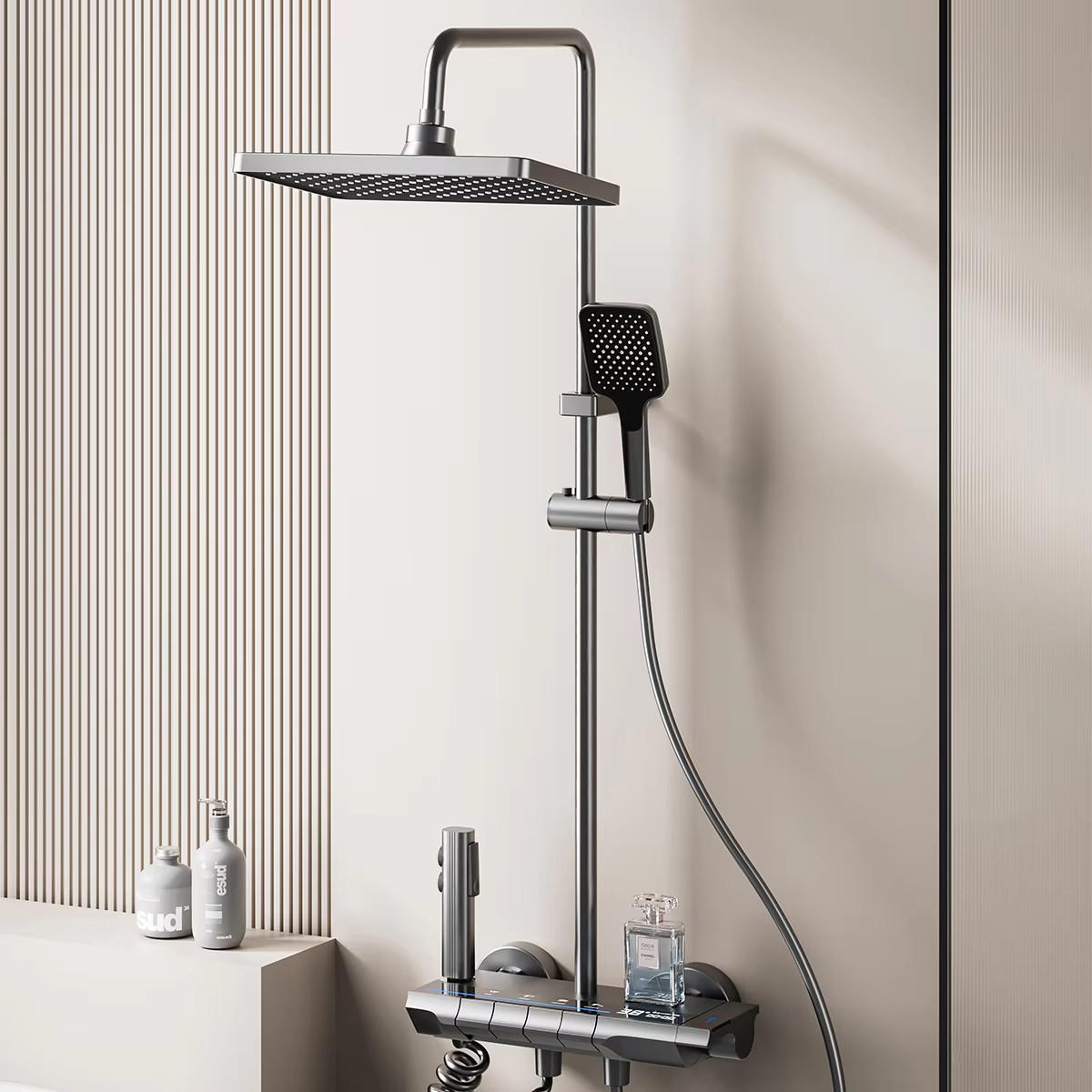 ÜBERKOPFBRAUSESET LED Messing Thermostat Digitalanzeige Heiß Kalt - Dunkelgrau, Metall (20/120/30cm) - Bextcok