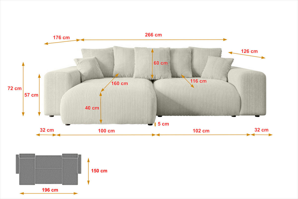 ECKSOFA Ottomane rechts ESKAR-L 266x176x72 Ecru Cord - Ecru/Schwarz, Holzwerkstoff/Kunststoff (176/266cm) - ALTDECOR