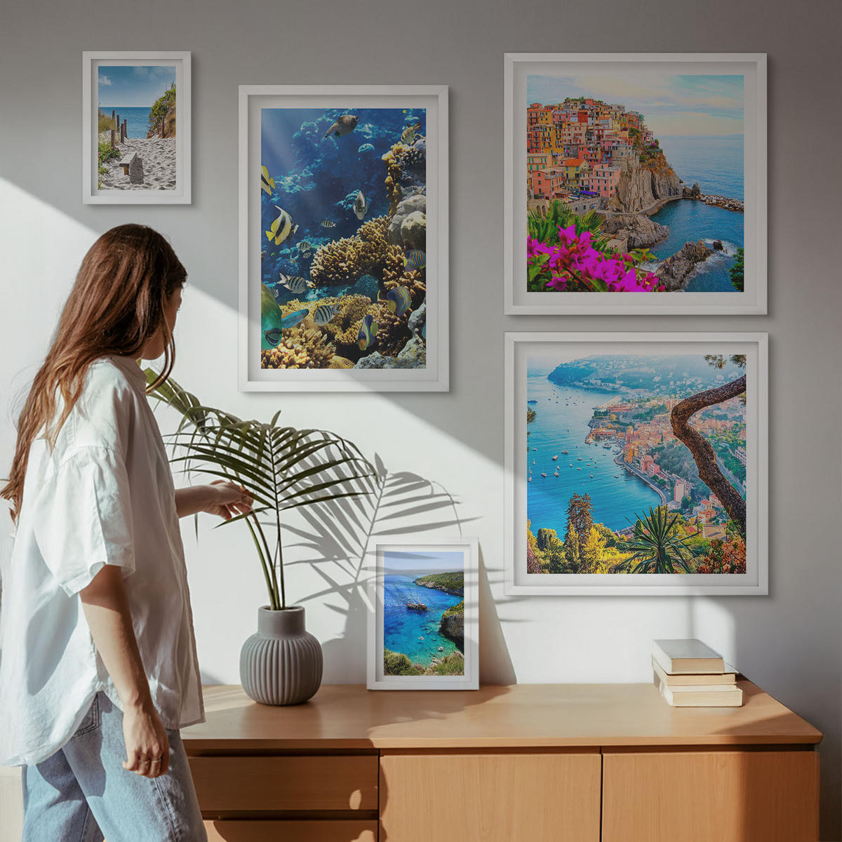 WANDBILDER 5er-Set - 50x50 cm & 20x30 cm & 40x60 cm Weißer Rahmen - Berglandschaften im Hintergrund - Weiß, Kunststoff (40/60cm) - ArtPrintCave