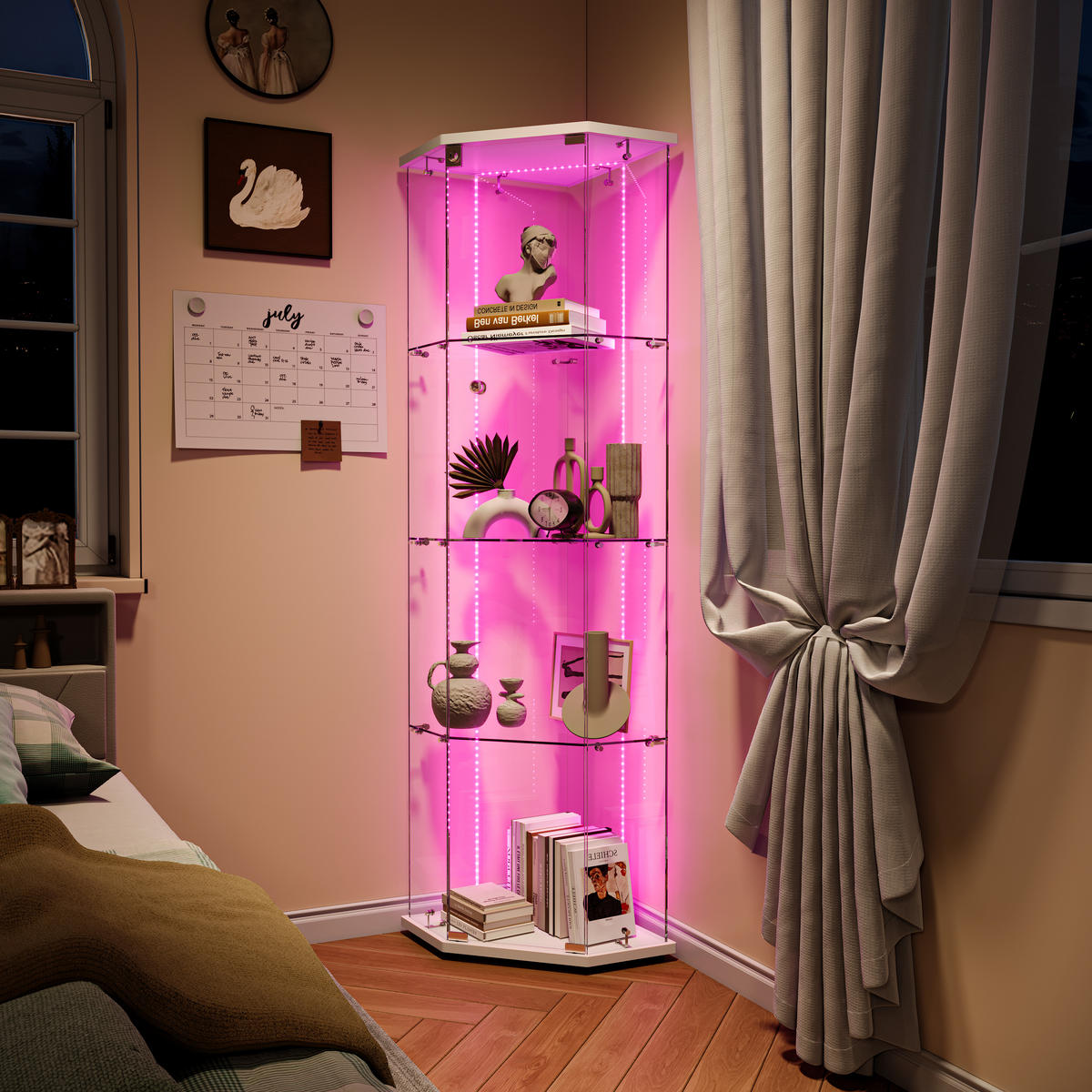 GLASVITRINE freistehend LED 1 Tür Schloss Glas weiß - Weiß, Holz (60/162/40cm) - LEBENLANG