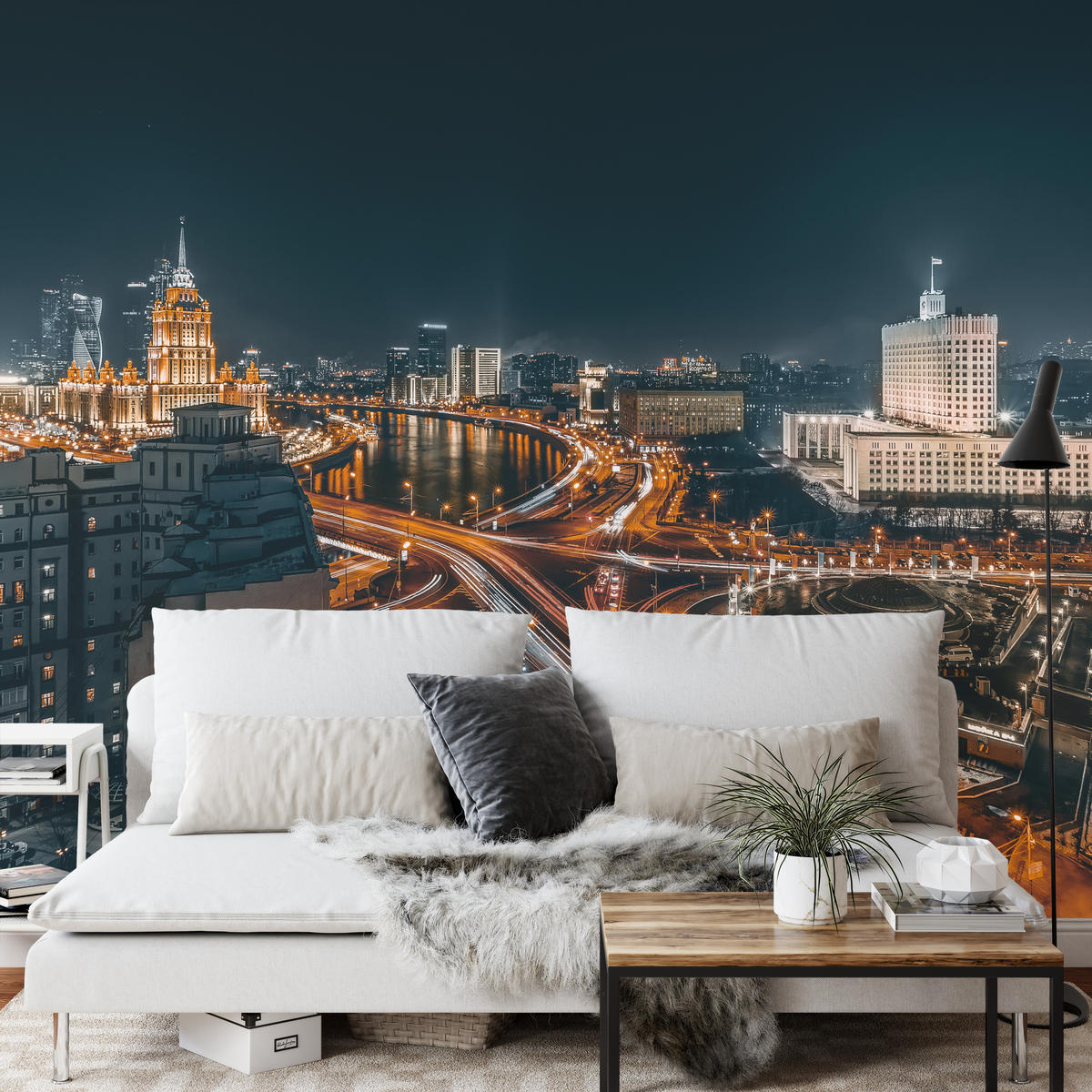 FOTOTAPETE für Wohnzimmer Moskau Nacht Panorama Metropole Straßen 200x140 - Beige/Schwarz, Papier (200/140cm) - Muralo