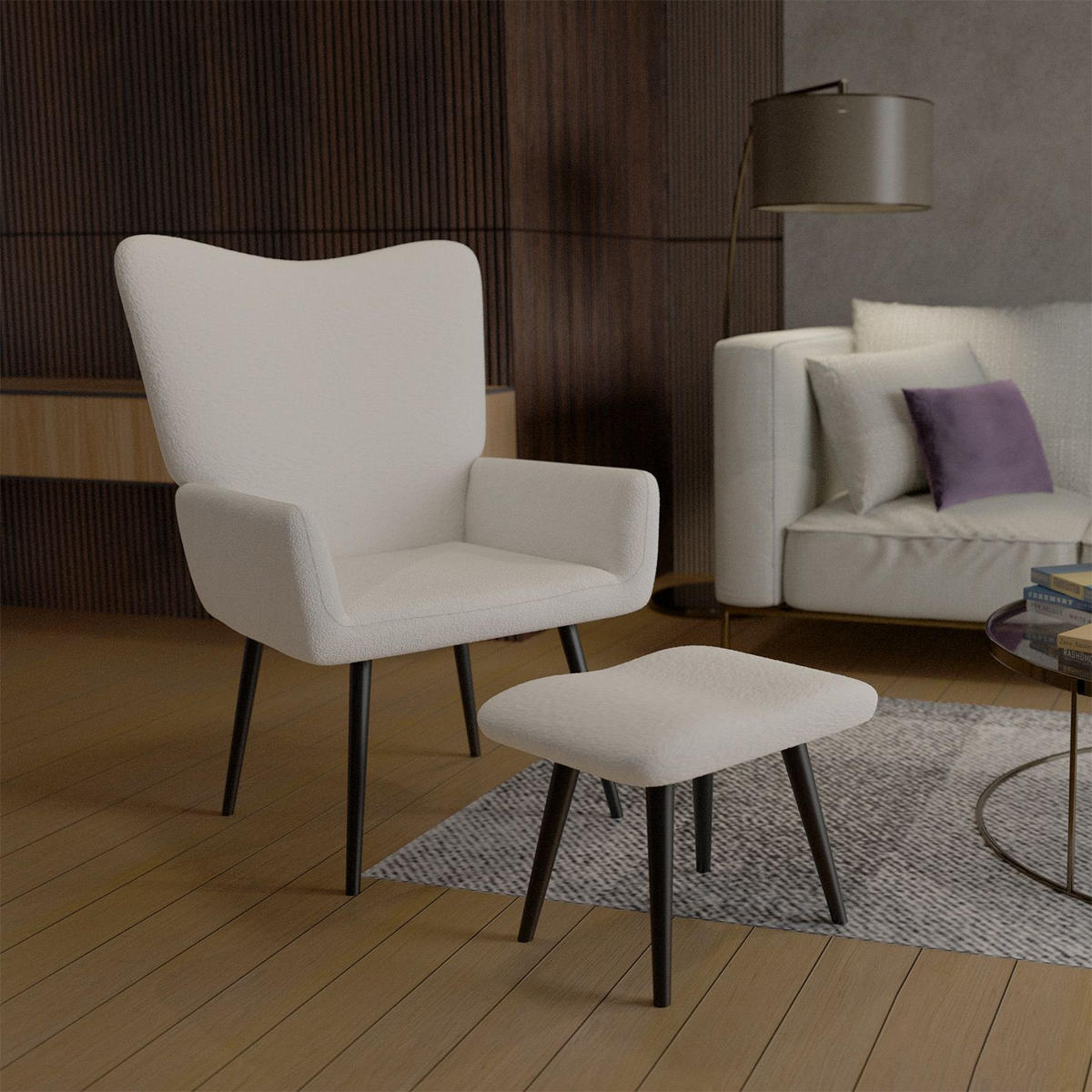 OHRENSESSEL Odense mit Hocker Bouclé Beige - Beige, Textil (68/95.1/73cm) - Juskys