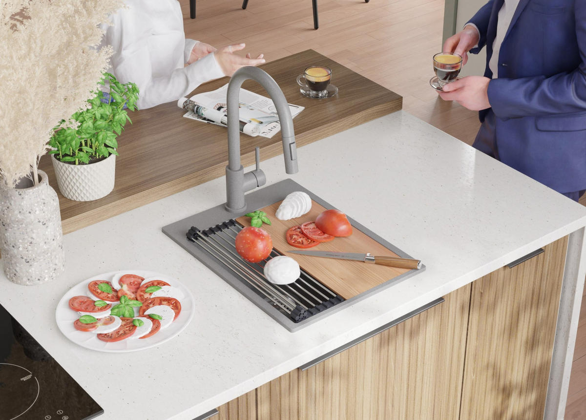 SPÜLBECKEN Oslo, 2-er set Grau 38/50 cm 1 Becken + Ablauf-Set + Schneidebrett ab 40er Unterschrank - Beige/Grau, Kunststoff (38/20/50cm) - Primagran