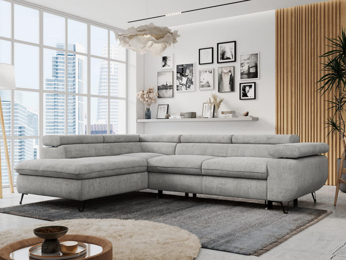 ECKSOFA PETER L Hellgrau Struktur - Links Seite - Hellgrau/Schwarz, Textil/Metall (208/273cm) - MKS