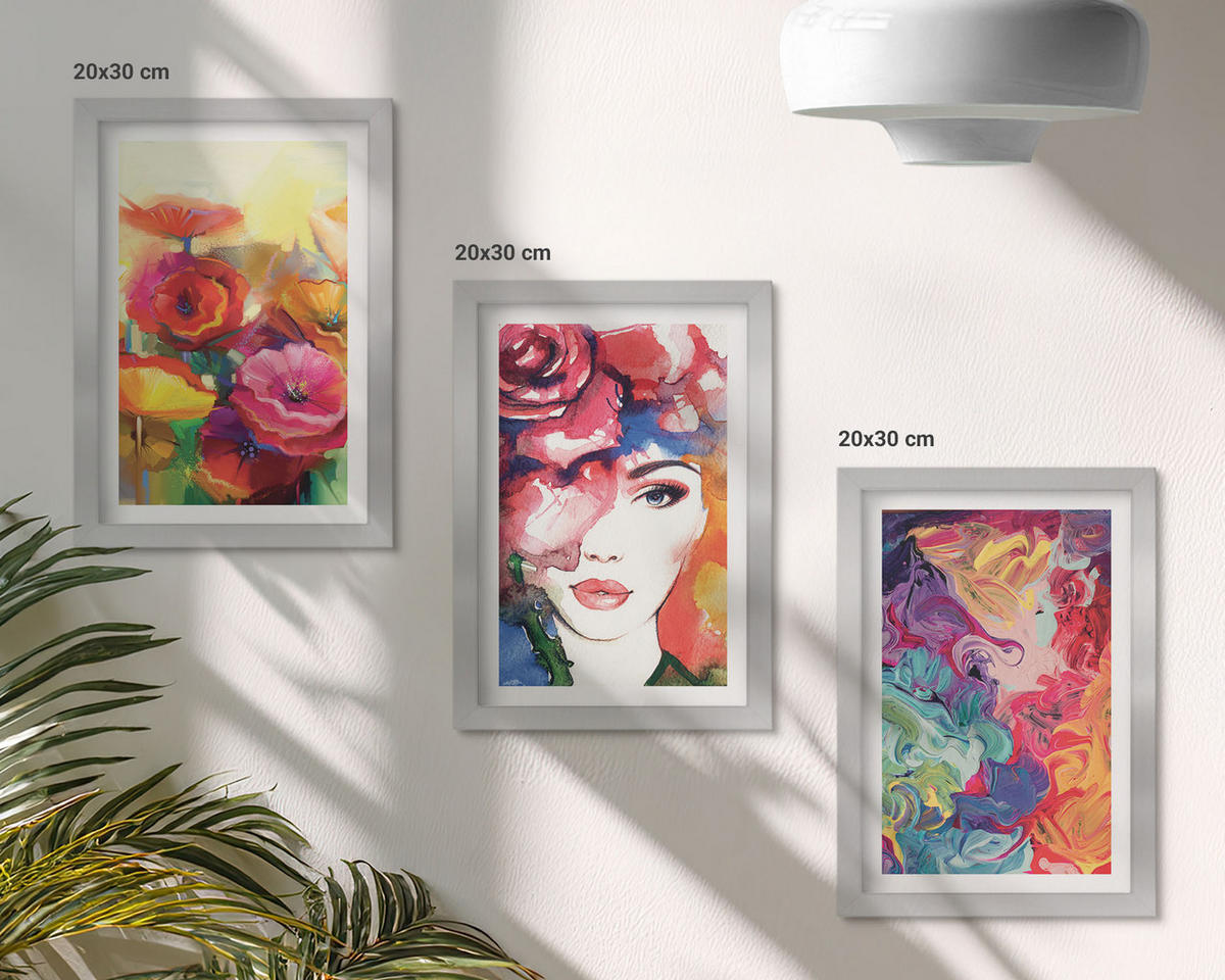 WANDBILDER 3er Set - 20x30 cm Silberner Rahmen - Intensives Blumenporträt einer Frau - Silberfarben, Kunststoff (20/30cm) - ArtPrintCave