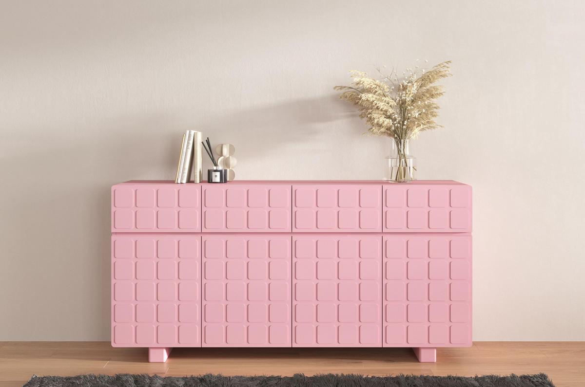 SIDEBOARD Cubo Long, Geometrische 3D Fronten, 169 cm, Rosa - Hellrosa, Holz/Holzwerkstoff (168.9/83.8/41.8cm) - Skandica