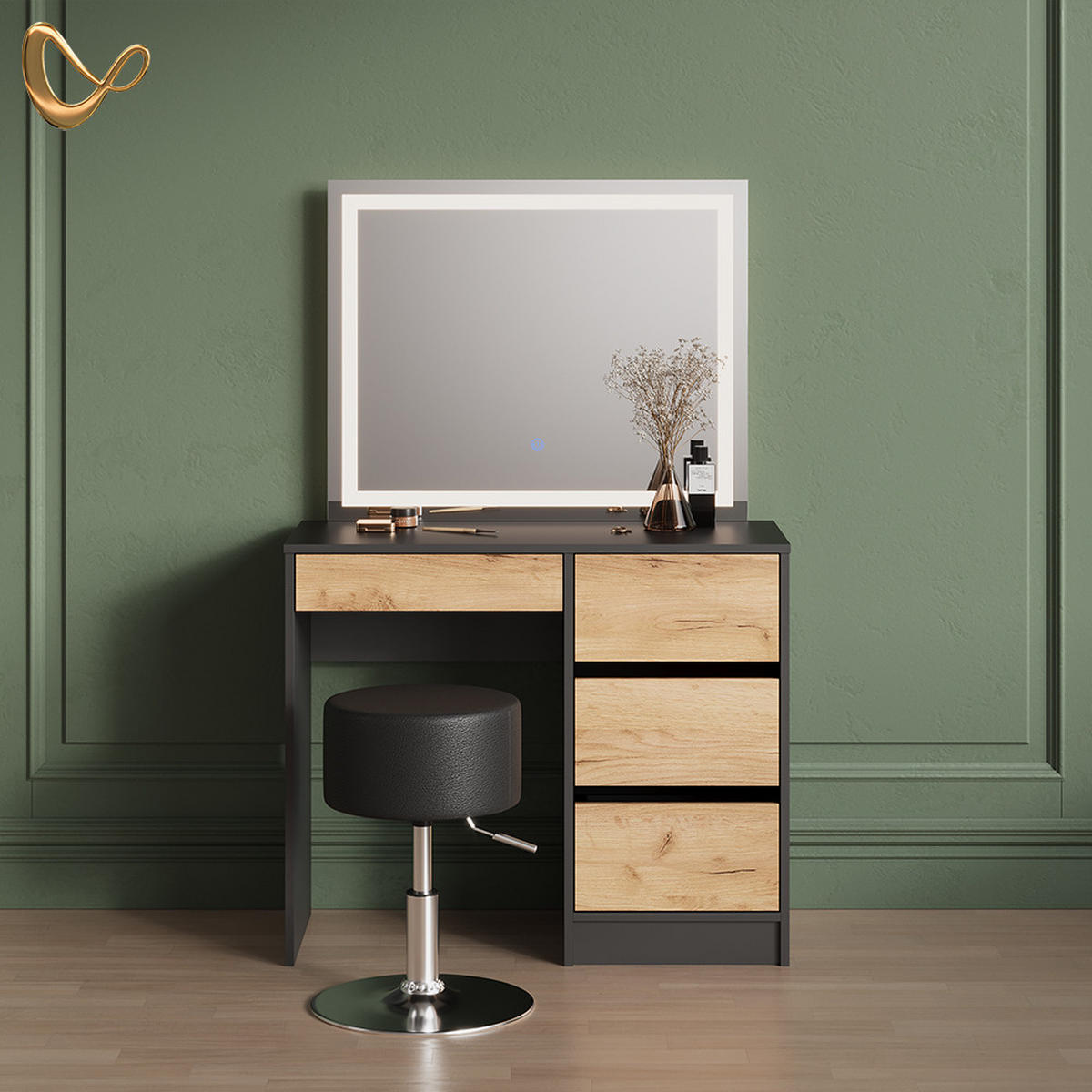 SCHMINKTISCH Imola Anthrazit/Goldkraft Eiche mit LED-Spiegel und Hocker - Anthrazit/Eiche Wotan, Holzwerkstoff (120/75/55cm) - Livinity®