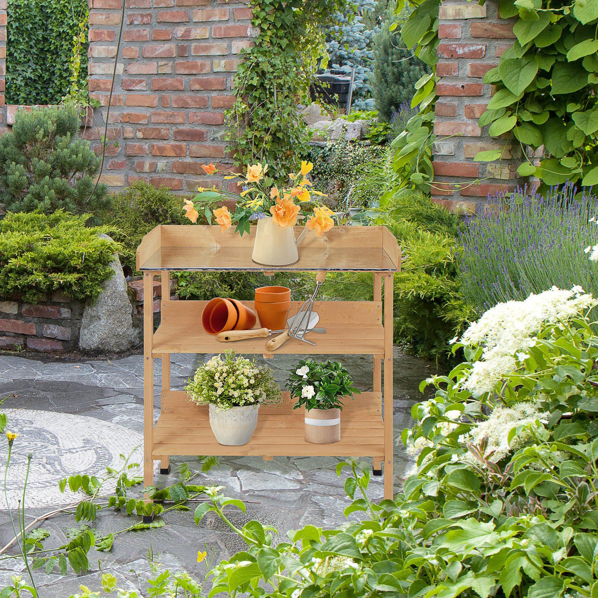 PFLANZTISCH Gärtnertisch Blumentisch mit Metall Arbeitsfläche Garten Holz Natur - Fichtefarben, Holz (76/37/89cm) - Outsunny