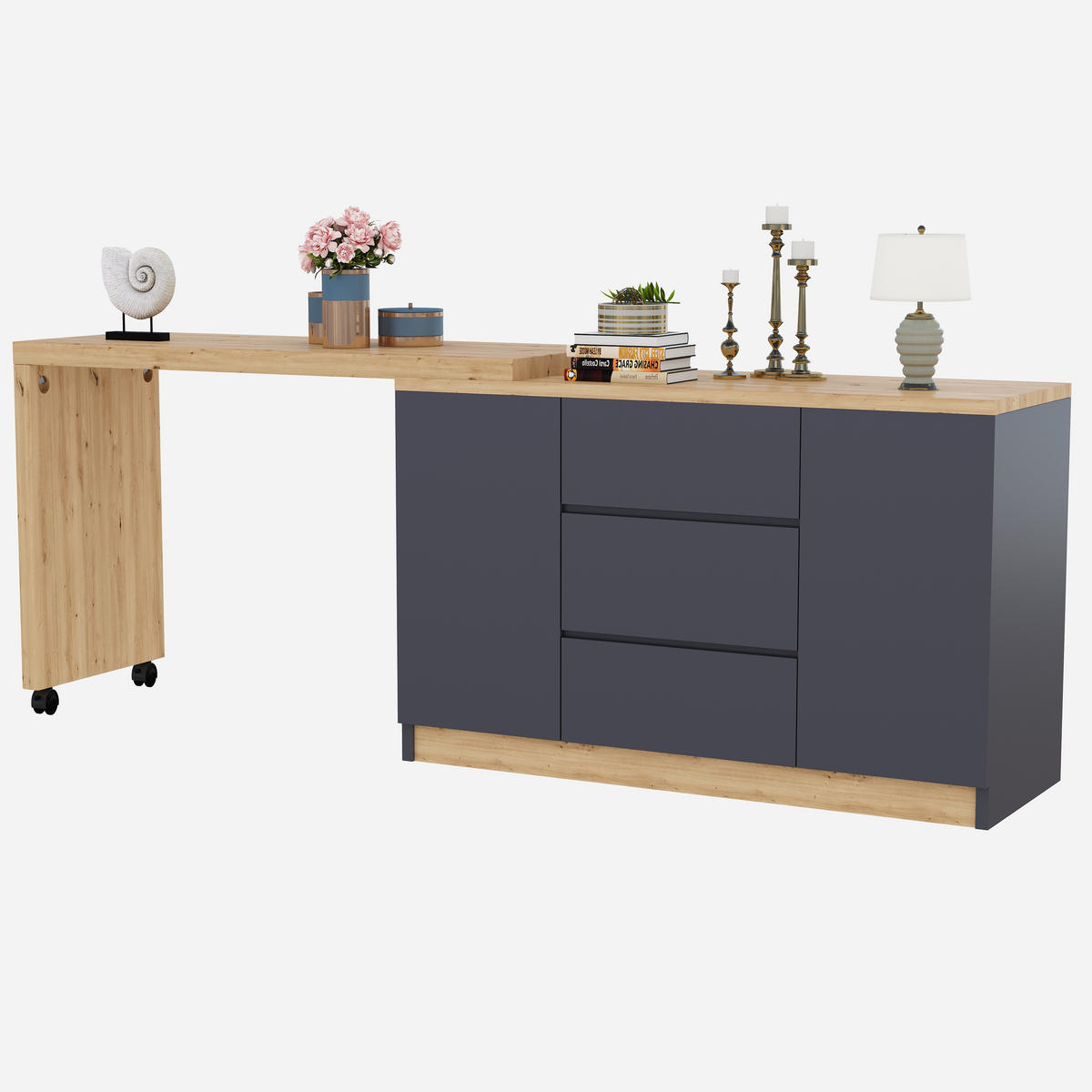 SCHREIBTISCH Rollen drehbar 4 cm Tischplatte Grau Eiche multifunktional - Multicolor, Holzwerkstoff (120/50/76.5cm) - FLIEKS