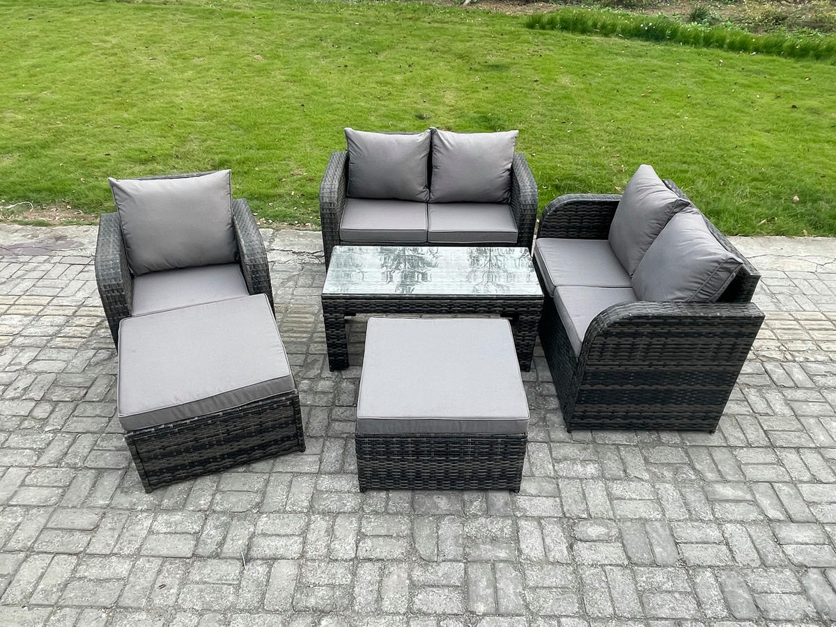 GARTENMÖBEL SET mit Sofa Polyrattan 7-Sitzer Dunkelgrau - Dunkelgrau/Grau, Glas/Kunststoff - Fimous