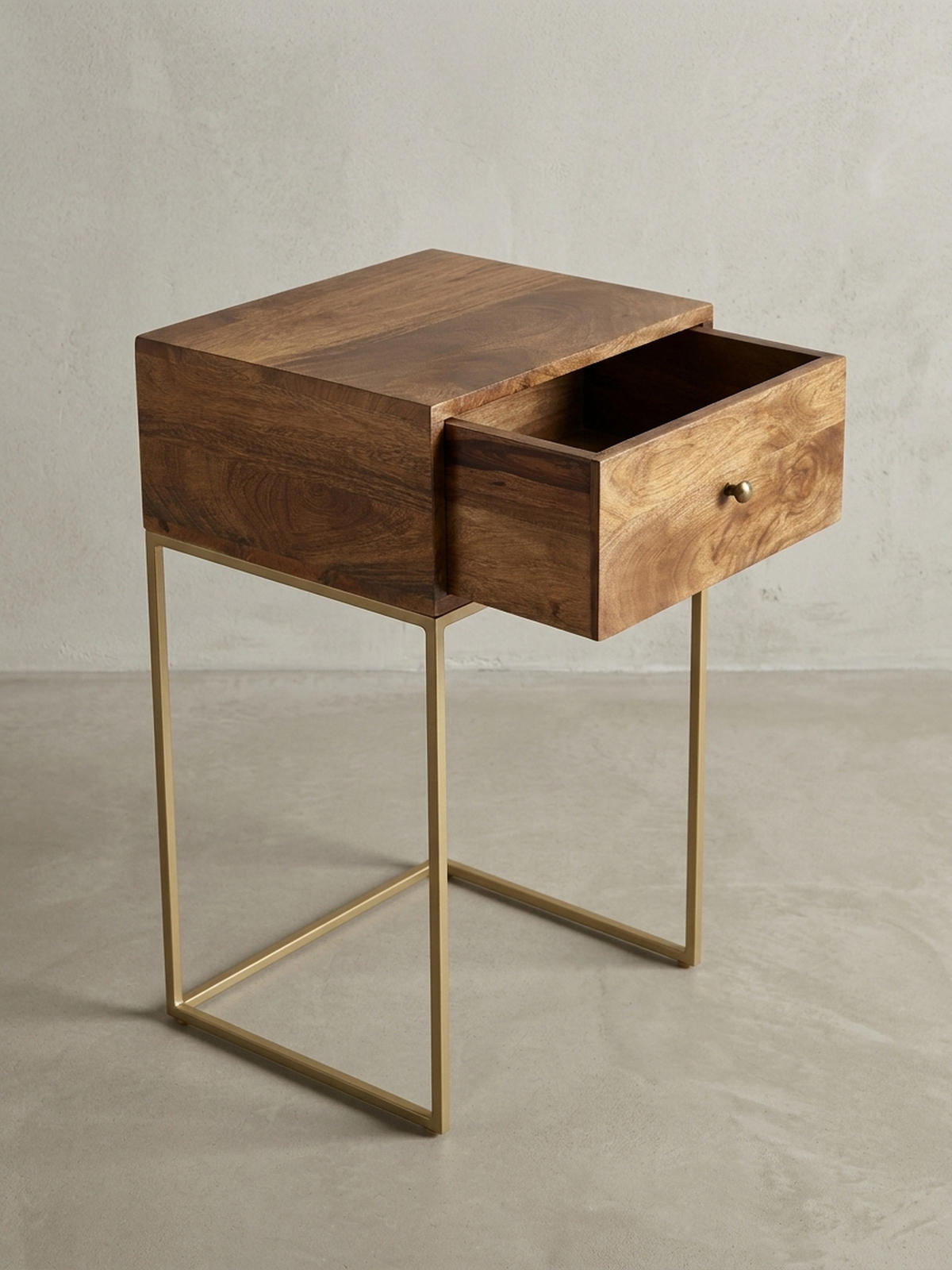 NACHTTISCH – Mango Massivholz/Metall, 1 Schublade, Industrial-Stil - Goldfarben/Braun, Holz/Metall (40/75/35cm) - KADIMA DESIGN