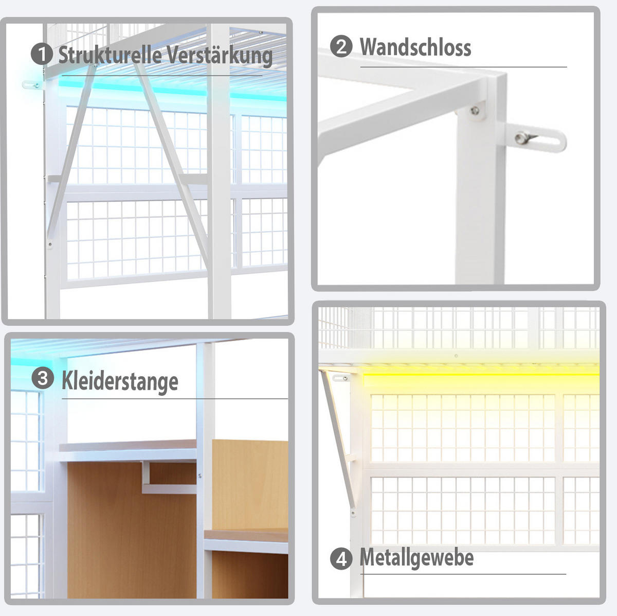 HOCHBETT 90/200 cm aus Metall mit LED-Beleuchtung und Stauraum, Weiß - Weiß, Metall (90/200cm) - Flora Grace