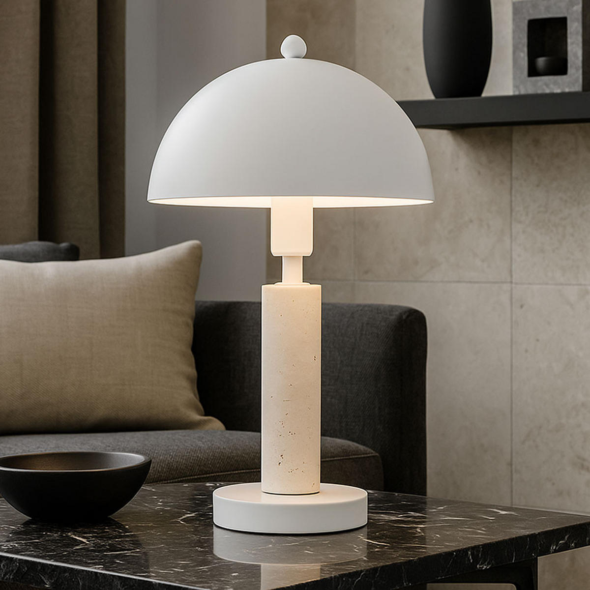 TISCHLEUCHTE Janie Weiß Travertin Stein - Weiß, Metall (20/20/34cm) - Globo Lighting