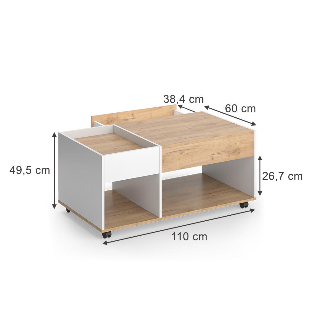 COUCHTISCH Maik Goldkraft Eiche/Weiß 110 x 60 cm mit Schublade - Eiche Wotan/Weiß, Holzwerkstoff (60/110/49.5cm) - Vicco
