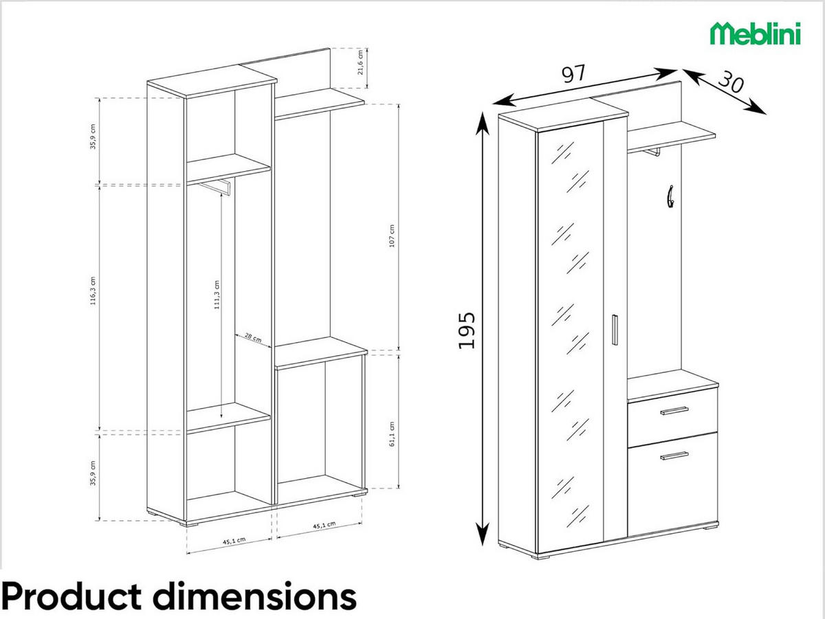 GARDEROBE LUXOR - Weiß/Sonoma Eiche, Holzwerkstoff (97/195/30cm) - Meblini