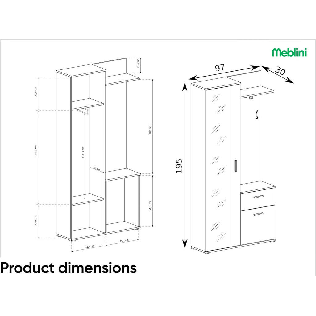 Thumbnail - Meblini Garderobe, Sonoma Eiche, Holzwerkstoff, 2 Fächer, 97x195x30 cm, Garderobe, Garderoben-Sets & Serien, Garderoben-...