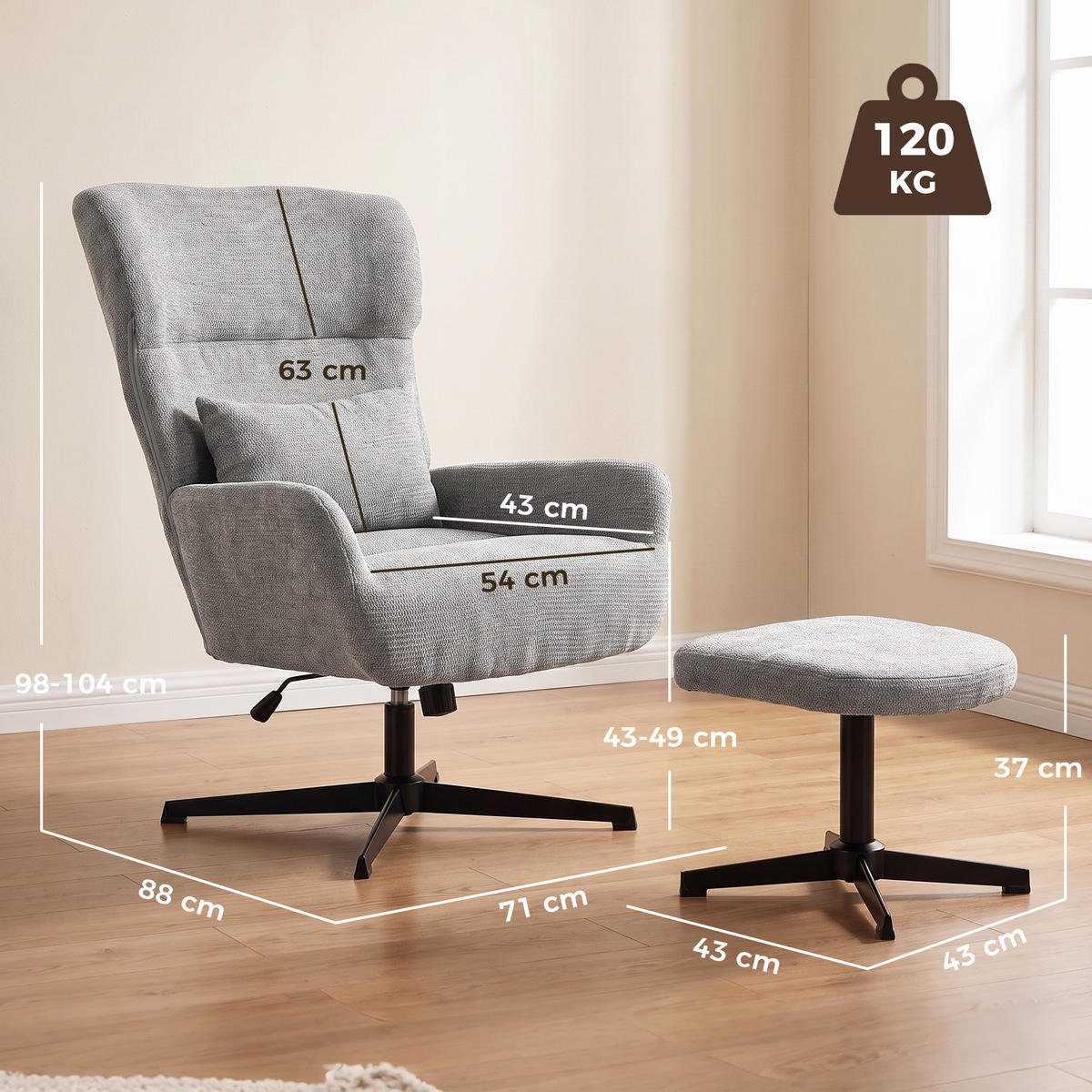 RELAXSESSEL-MIT-HOCKER 2er Set Polyester Grau - Schwarz/Grau, Textil/Metall (88/104/71cm) - HOMCOM