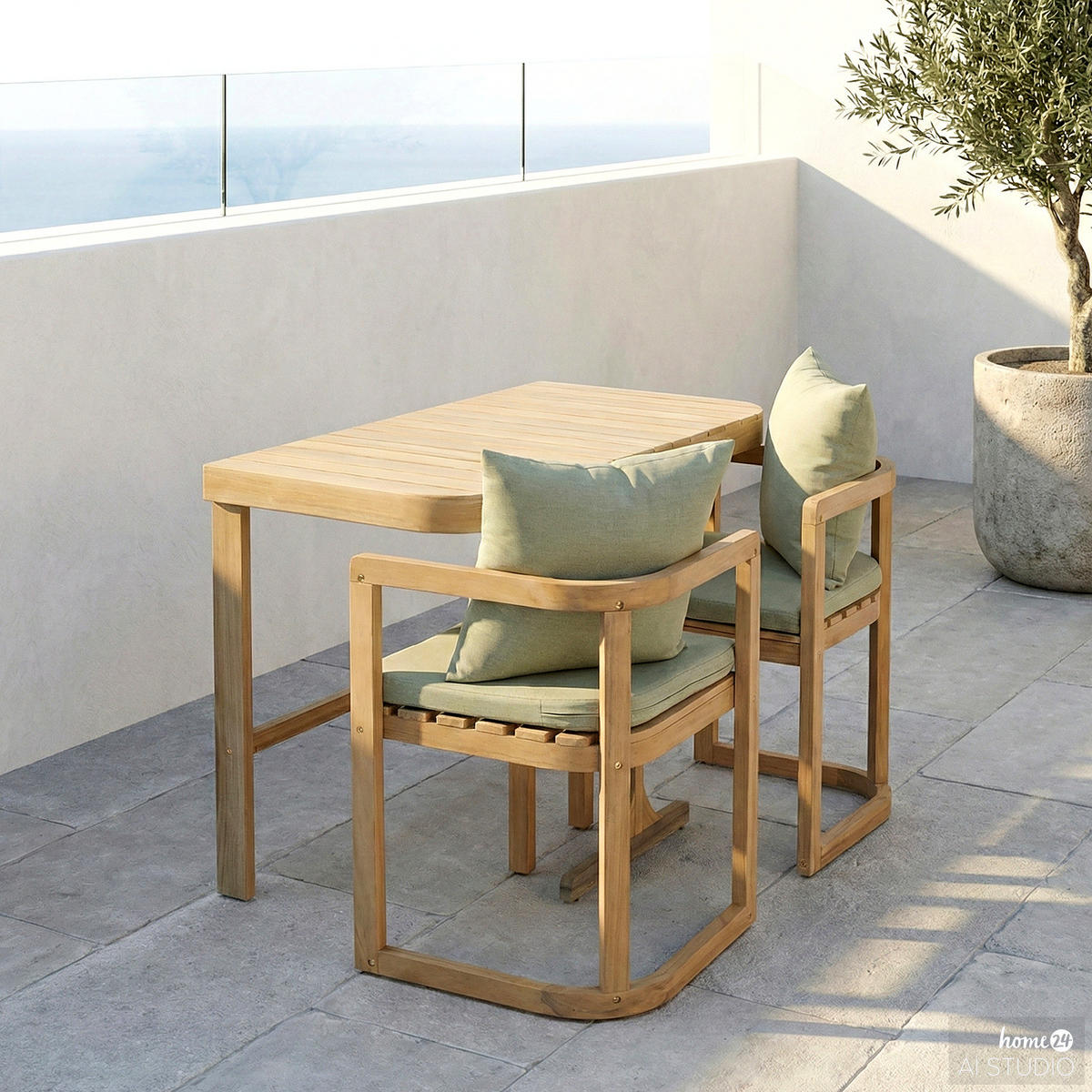 BALKONSET - 3-teilig - Akazie massiv / Webstoff - Braun / Grün - Grün, Holz/Textil - home24