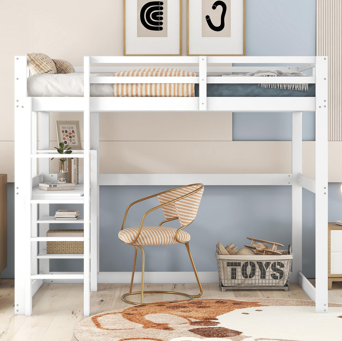 HOCHBETT 140/200 cm mit Stauraum aus Kiefer mit Schreibtisch mit Matratze - Weiß, Holzwerkstoff (140/200cm) - OKWISH