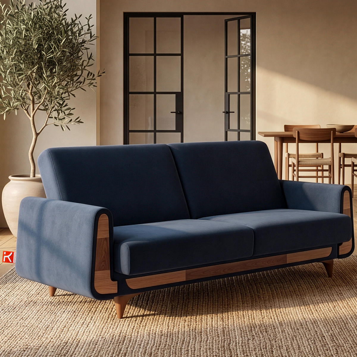 3-SITZER-SCHLAFSOFA GUSTAVO mit Armlehnen, blau - Blau/Braun, Holz/Holzwerkstoff (230/98/98cm) - KONSIMO®