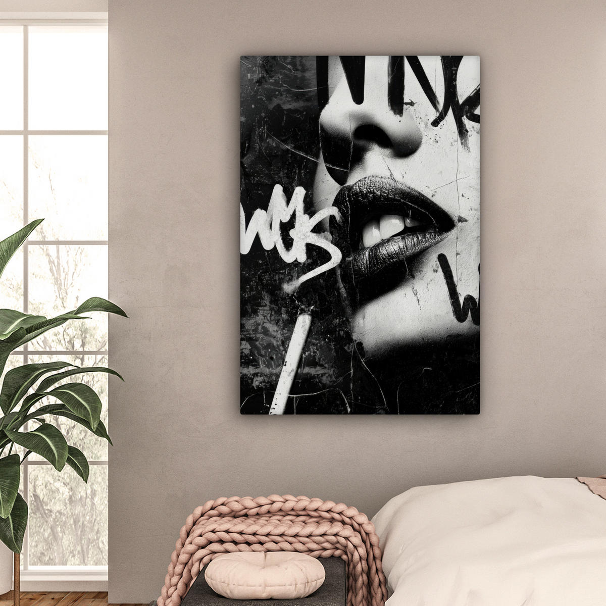 LEINWANDBILD Gesicht - Mund - Graffiti - Schwarz Deko XXL 80x120 cm - Schwarz, Textil (80/120cm) - MuchoWow