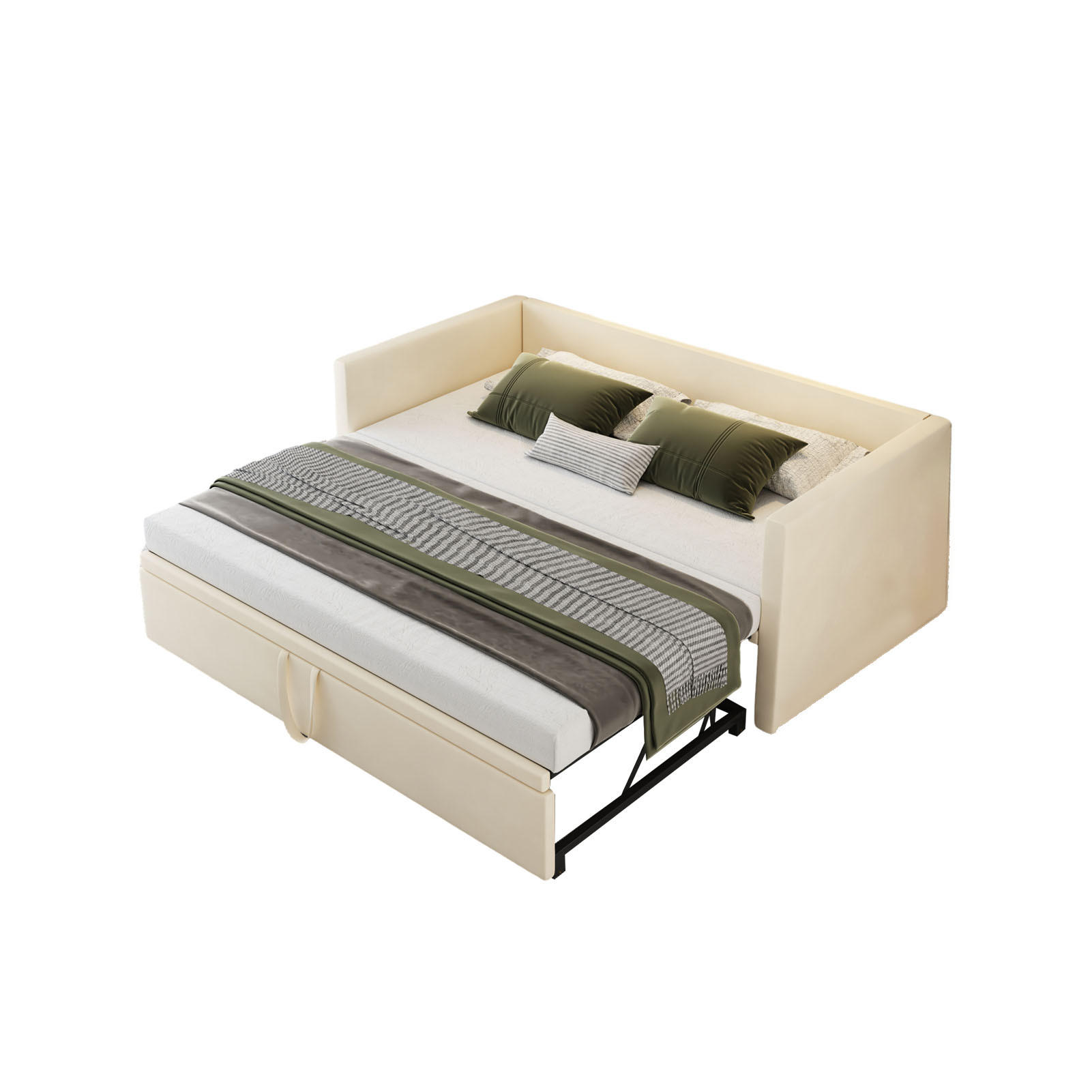 SCHLAFSOFA Samt creme ausziehbar mit Gästebett Funktion 3-fach umwandelbar Tagesbett mit Rollen - Beige, Metall (183/74/213cm) - Joyfair