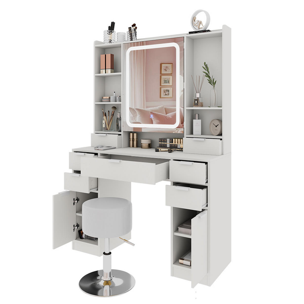 SCHMINKTISCH Solea Weiß 105 cm mit LED-Spiegel und Hocker - Weiß, Holzwerkstoff (105/156/40cm) - Vicco